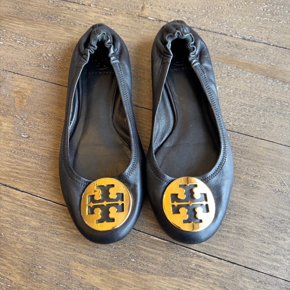 Tory Burch Minnie Black Leather Ballet Flats Golf Logo Size 7 Comfort Casual